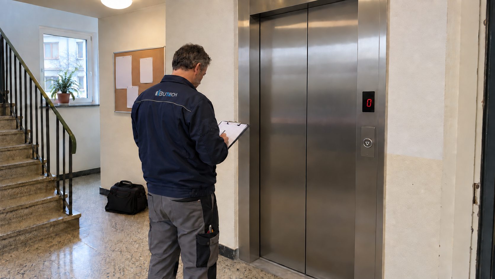 Technician inspecting an existing elevator on site
