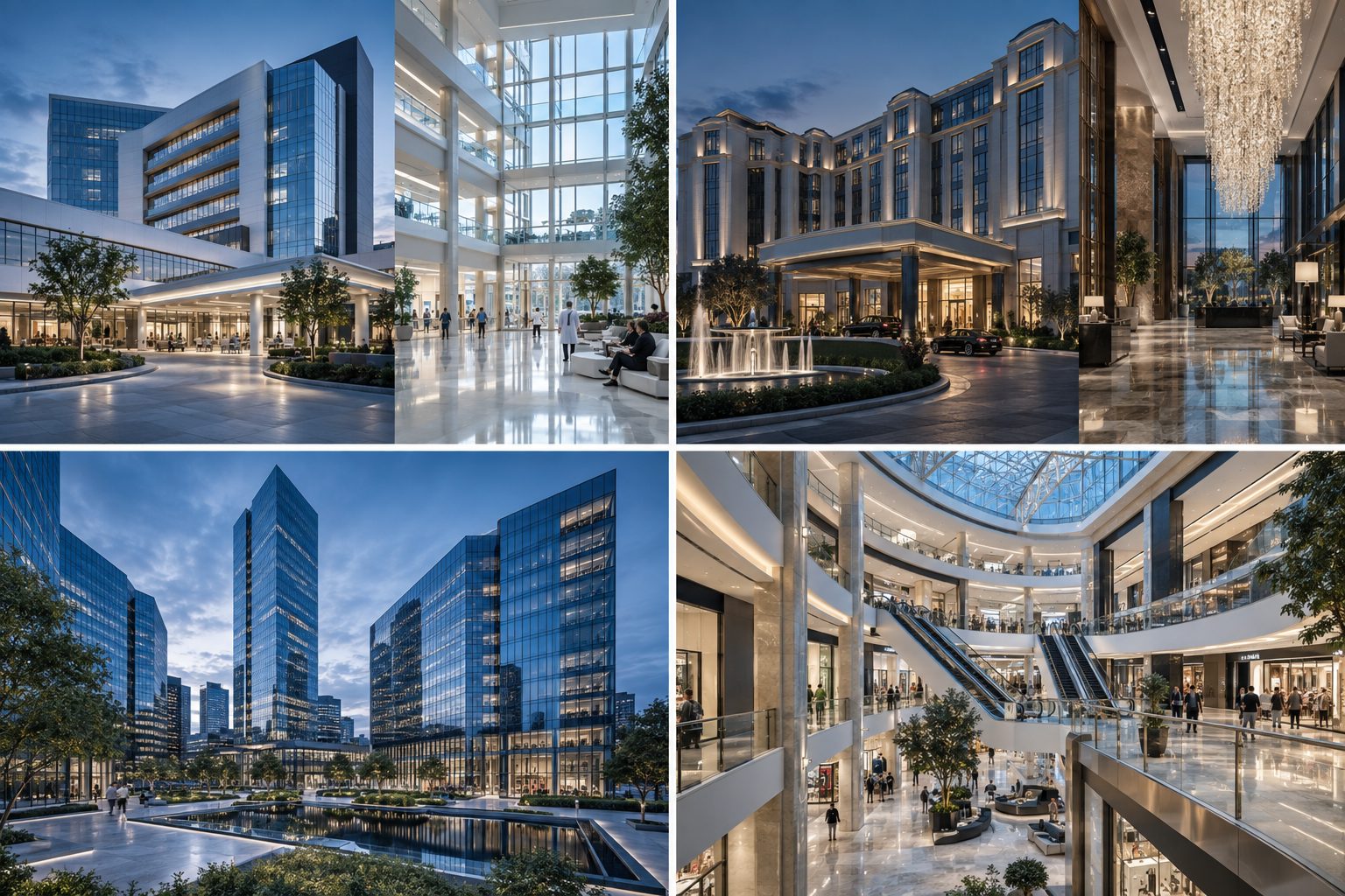 Four illustrative concepts showing hospital, hotel, office tower and shopping centre architecture