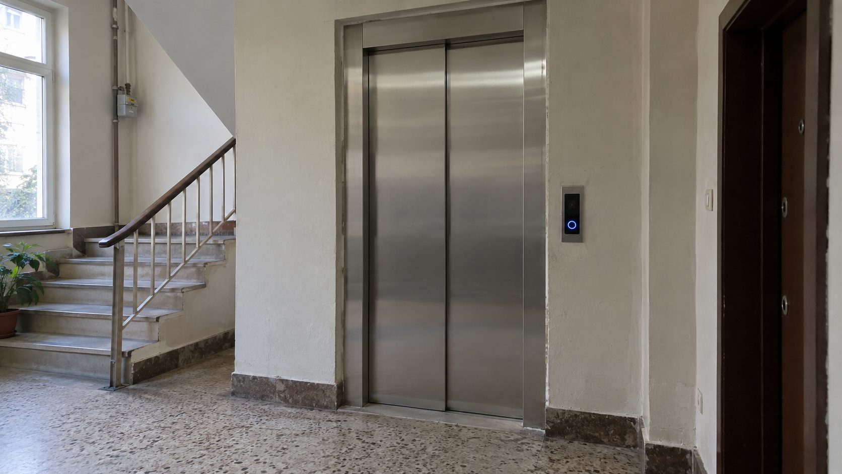 Elevator entrance and floor lobby before modernization