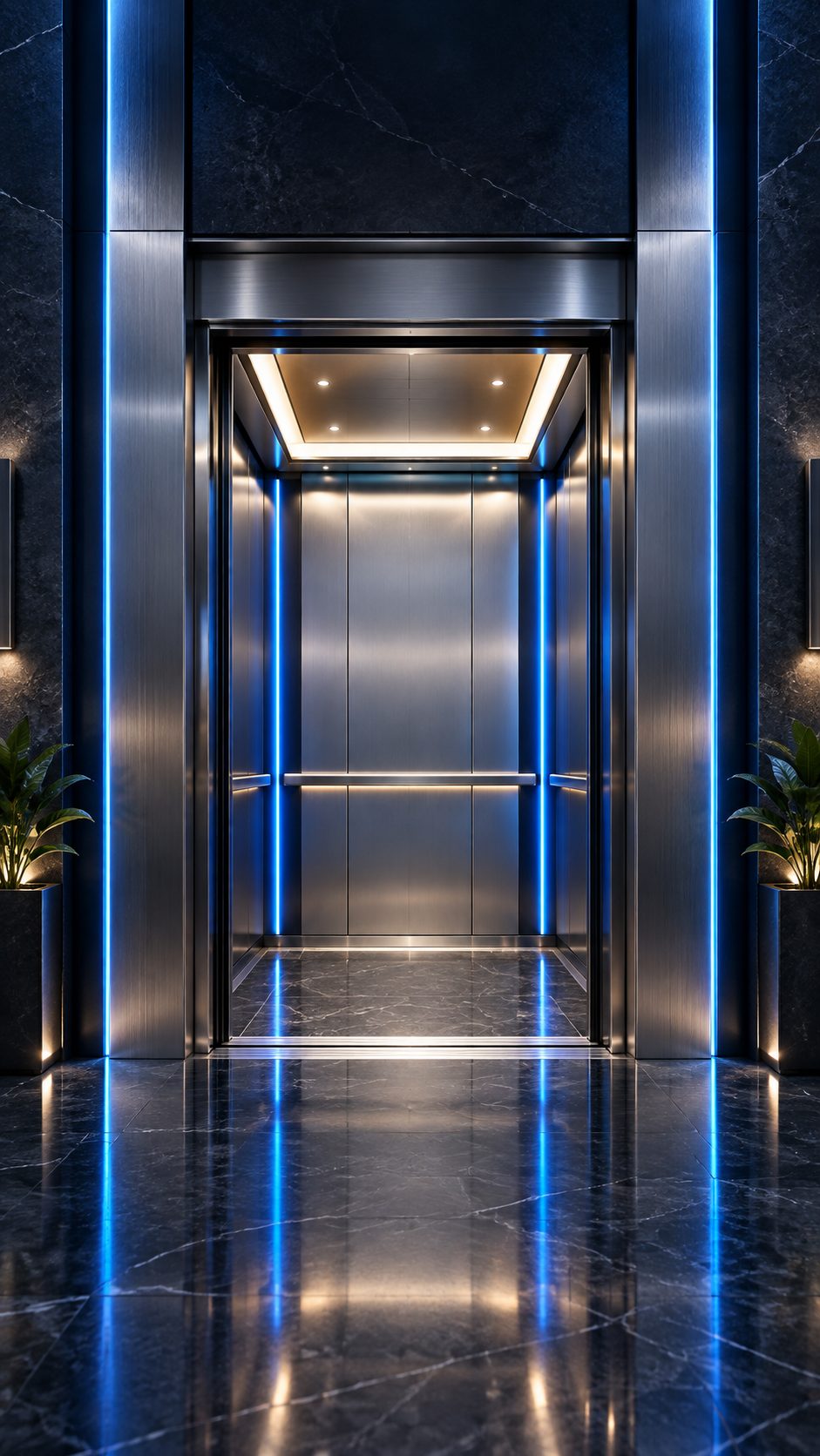 Passenger elevator cabin with blue lighting details