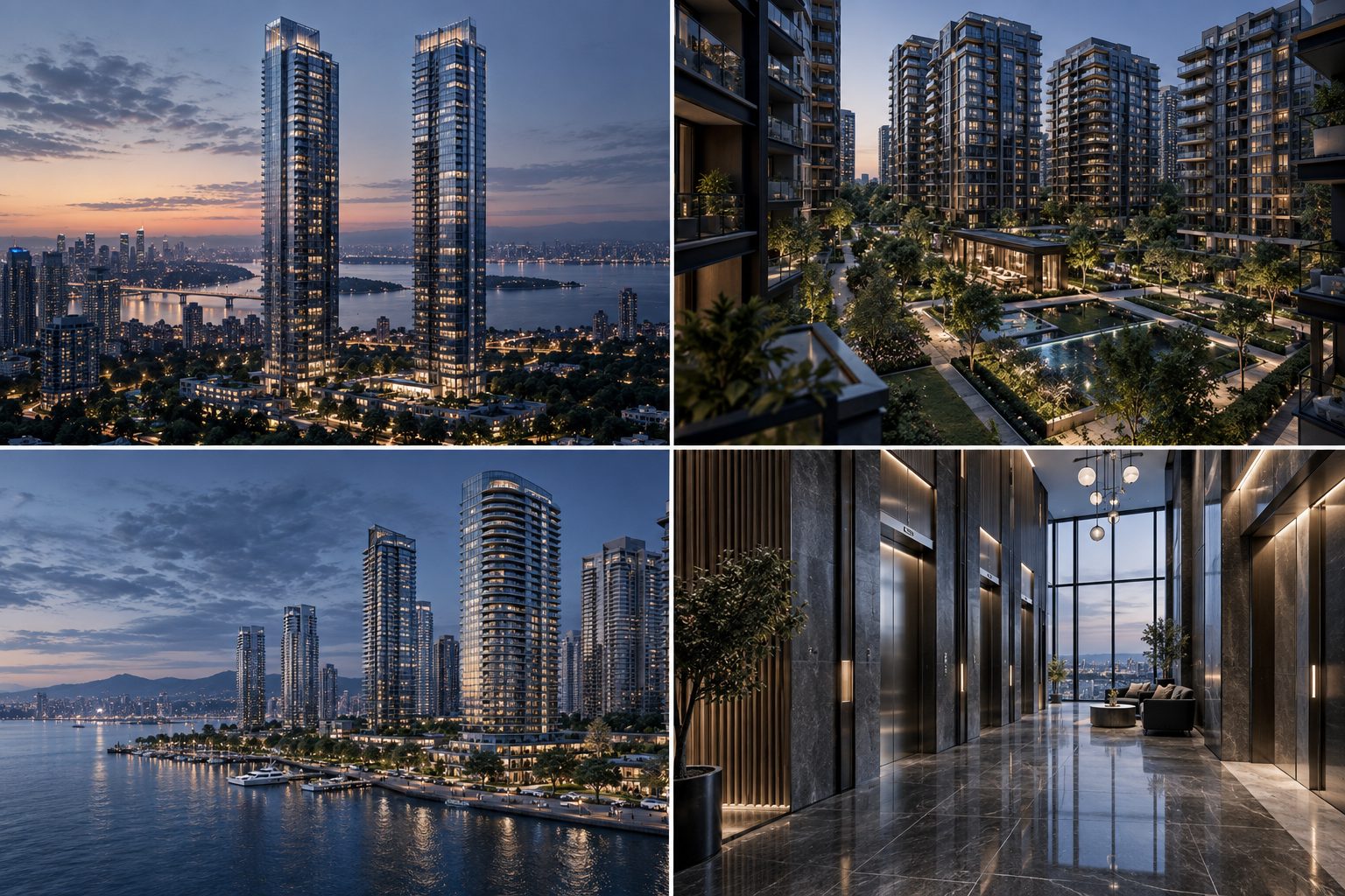 Four illustrative concepts showing residential towers, housing developments and an elevator lobby