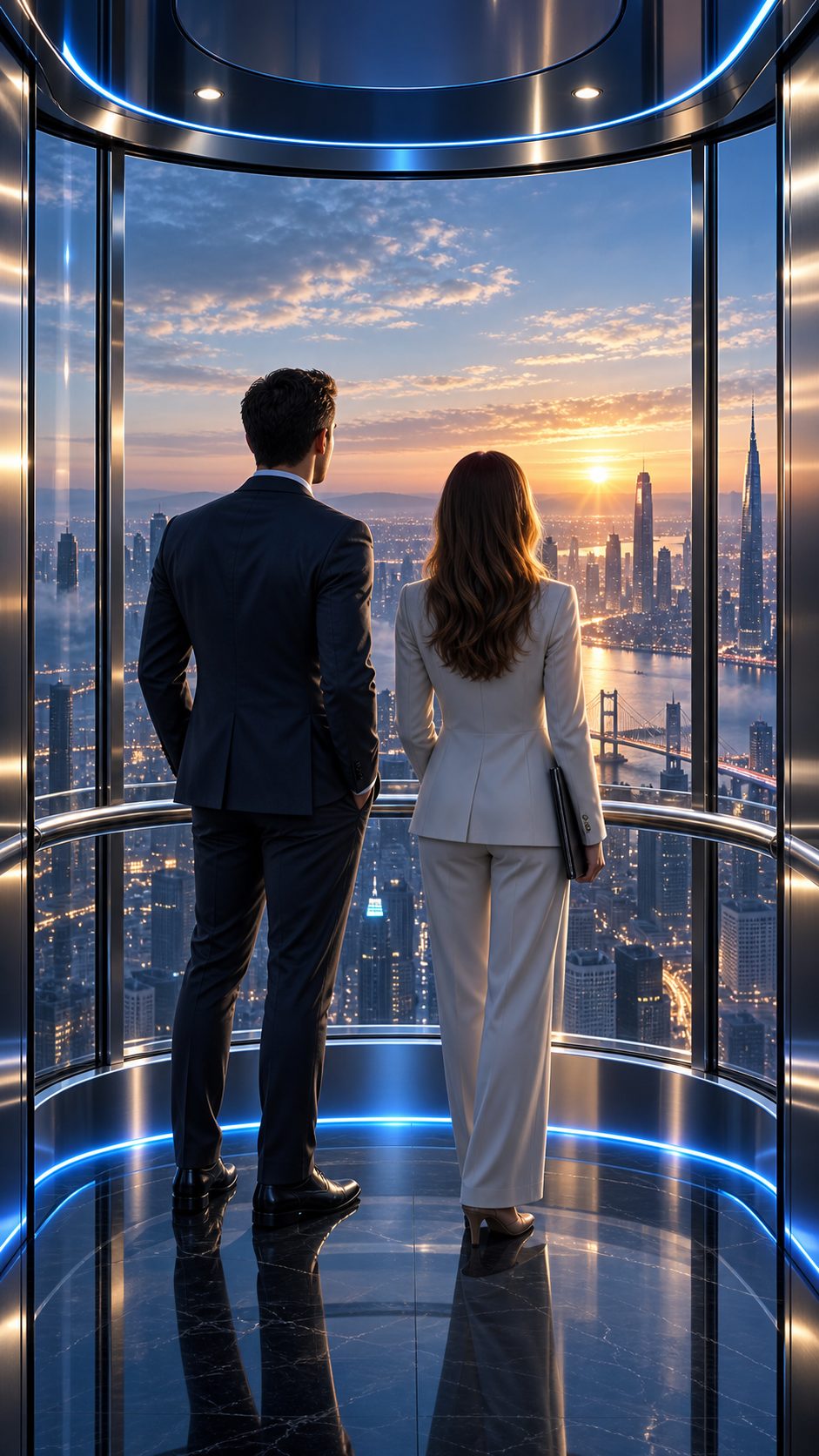 Two people looking at the city from a panoramic elevator