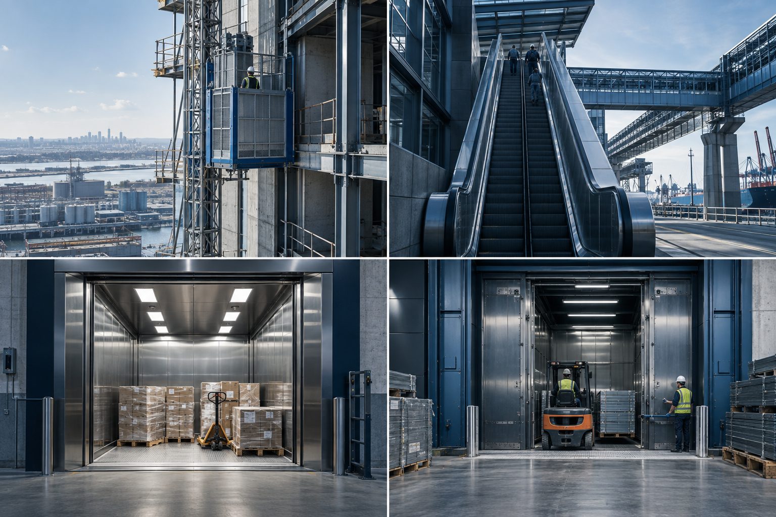 Four illustrative concepts showing an external elevator, an outdoor escalator and freight elevators