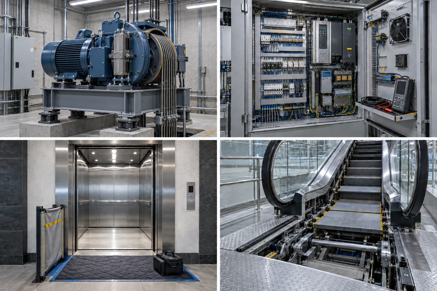 Service areas for elevator motors, control panels, cabins and escalators