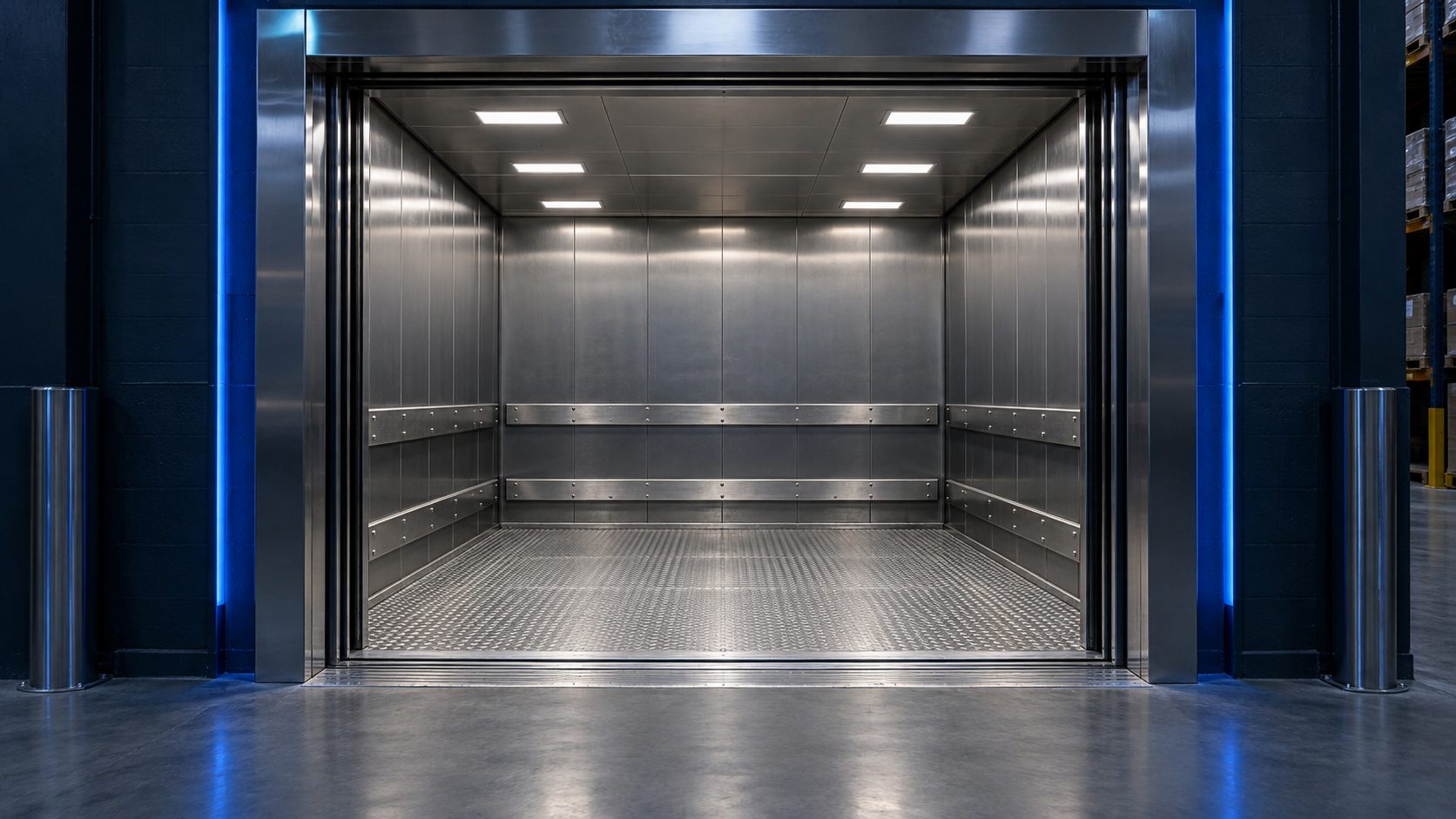 Freight elevator cabin with a wide entrance and metal surfaces